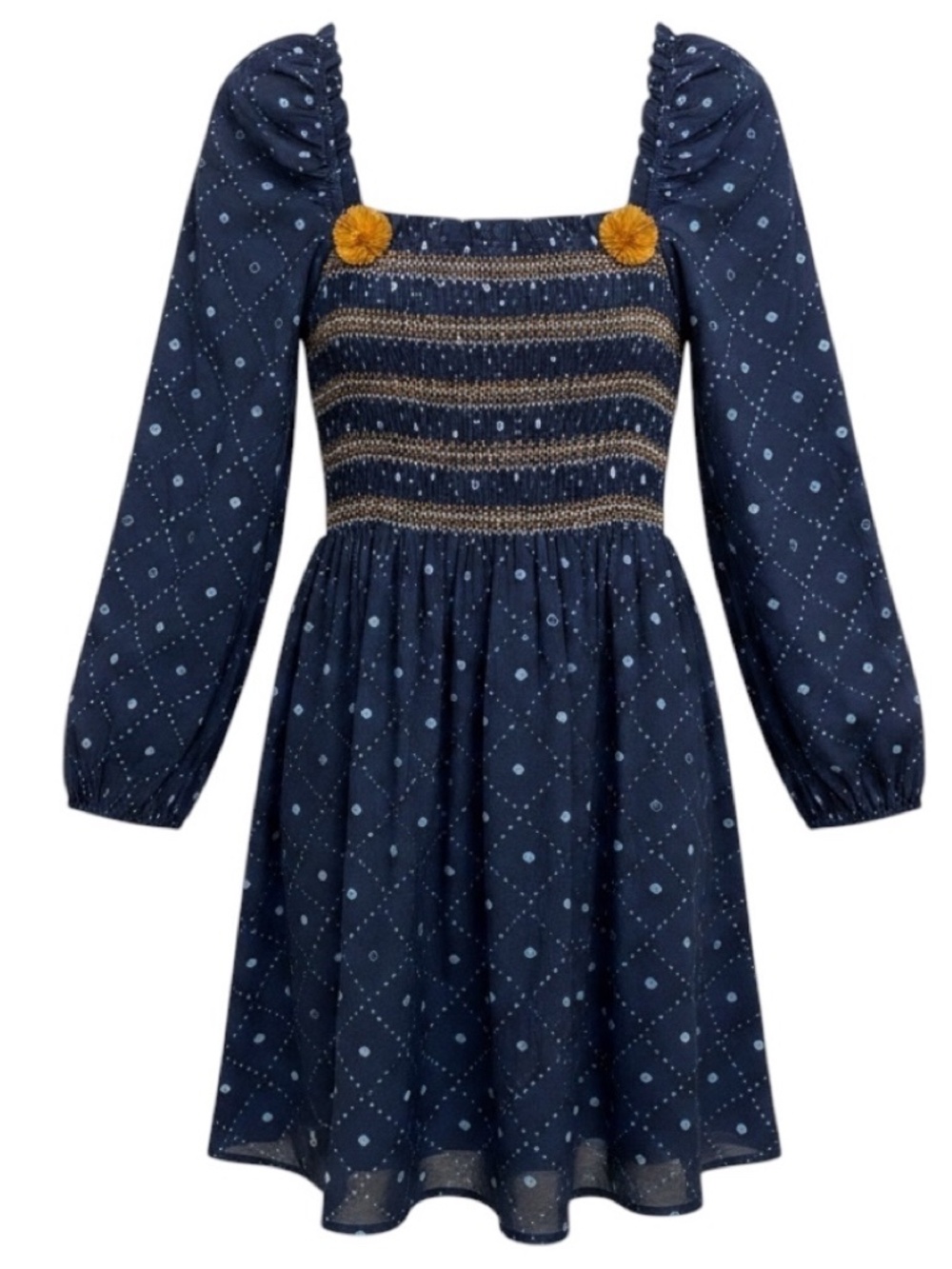 FIGUE KIZZY NAVY PEONY PUFF SLEEVE SMOCKED MINI DRESS